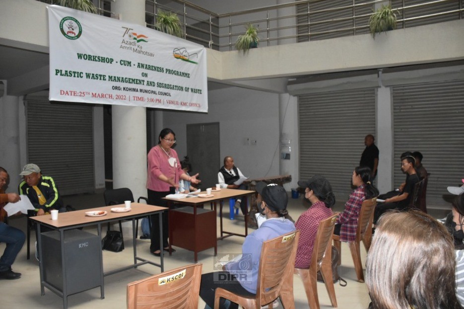 KMC Administrator, Lanusenla Longkumer speaking at the awareness programme on plastic waste management and segregation held at KMC Office, Kohima on March 25. (DIPR Photo)